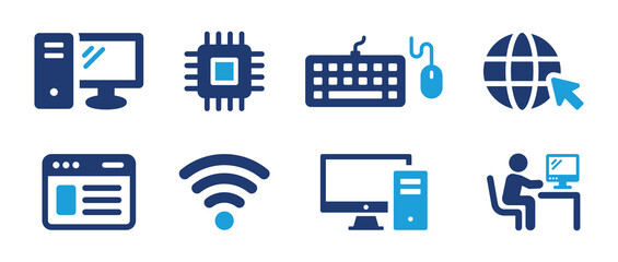 Information technology icon set. Containing computer gadget, Pc, electronics, keyboard, wifi and website icon. Vector illustration.