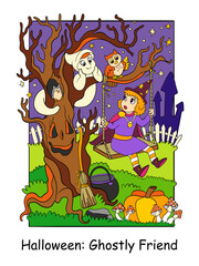 Halloween witch met with a cute ghost vector colorful illustration