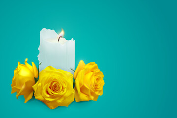 Realistic candle and yellow rosebuds on a blue background. Vector illustration