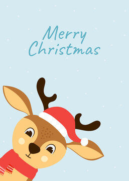 Christmas greeting card with cute deer head with red hat and scarf. Hand drawn cartoon character