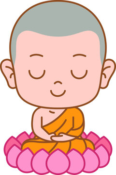 cartoon monk meditating on pink lotus clip art preview