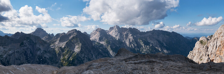 Panorama of mountain peaks in Triglav national park, Julian Alps, Slovenia, in Summer.