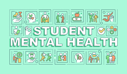 Student mental health word concepts mint banner. Healthy nutrition. Infographics with editable icons on color background. Isolated typography. Vector illustration with text. Arial-Black font used