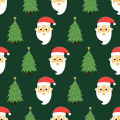 Seamless pattern of cute santa claus head and christmas tree on green background. Background for Christmas design. 