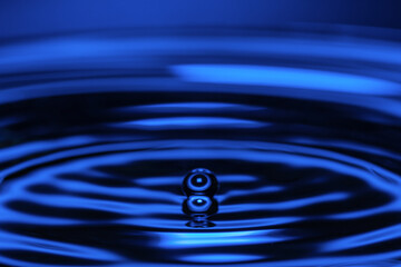 Macro water drop on a blue background and circles on it. Round water drop. Drops, splashes, spray, abstract shapes out of the water