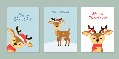 Set of Christmas greeting cards with cute deer. Hand drawn cartoon reindeer with accessories