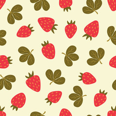 Seamless vector vegetal pattern with stylized tasty red strawberries and cute green leaves on beige background.
