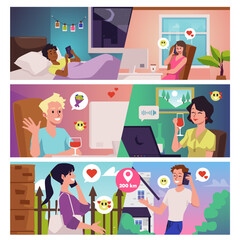 Set of scenes about long distance relationship flat style