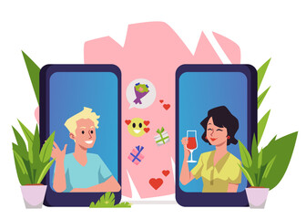 People on virtual date with video chat, long distance relationship concept, flat vector illustration on white.