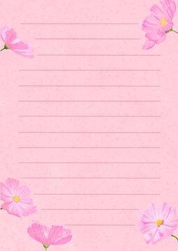 ピンク色の背景とコスモス5本をあしらった全て手描きの可愛い便箋（縦）