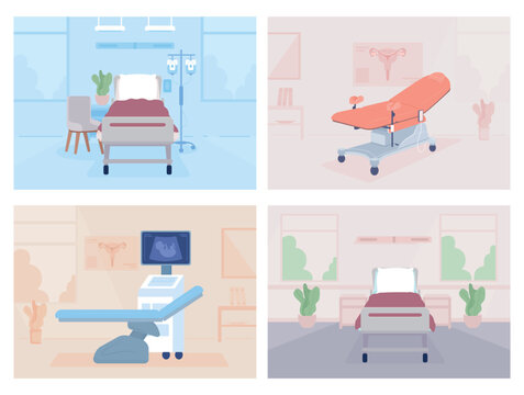 Hospital examining cabinets and wards flat color vector illustrations set. Healthcare service. Fully editable 2D simple cartoon interiors with clinic offices on background collection