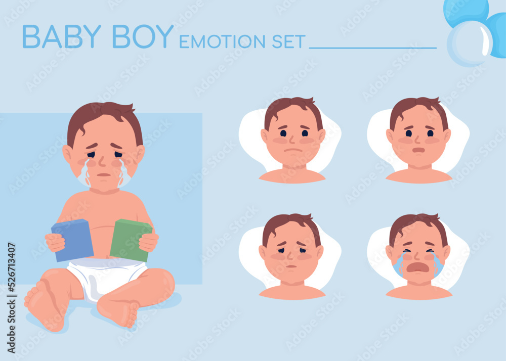 Poster crying baby boy semi flat color character emotions set. editable facial expressions. upset child vec