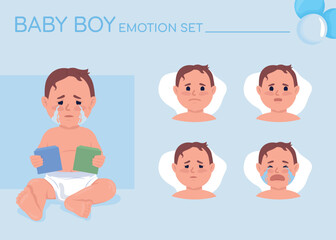 Crying baby boy semi flat color character emotions set. Editable facial expressions. Upset child vector style illustration for motion graphic design and animation. Quicksand font used