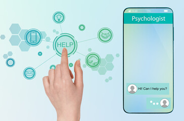 A smartphone with an application for online psychological help. Female hand push the virtual button with HELP. The concept of psychology and mental health