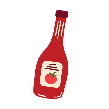 Ketchup bottle doodle, vector illustration of tomato catsup sauce in glass bottle, supermarket product icon, isolated colored clipart on white background