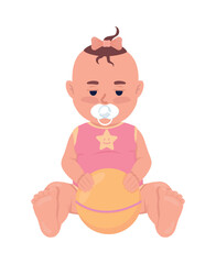 Upset baby girl with ball semi flat color vector character. Editable figure. Full body person on white. Tired child simple cartoon style illustration for web graphic design and animation