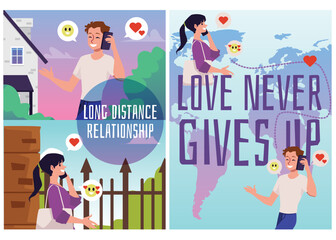 Long distance relationship posters set with text, flat vector illustration.