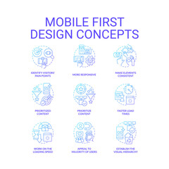 Fototapeta na wymiar Mobile first design blue gradient concept icons set. Website development. Adjustable site idea thin line color illustrations. Isolated symbols. Roboto-Medium, Myriad Pro-Bold fonts used