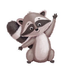 Funny cute cartoon raccoon waving hand. Hand drawn illustration of small raccoon character isolated on white © Elena