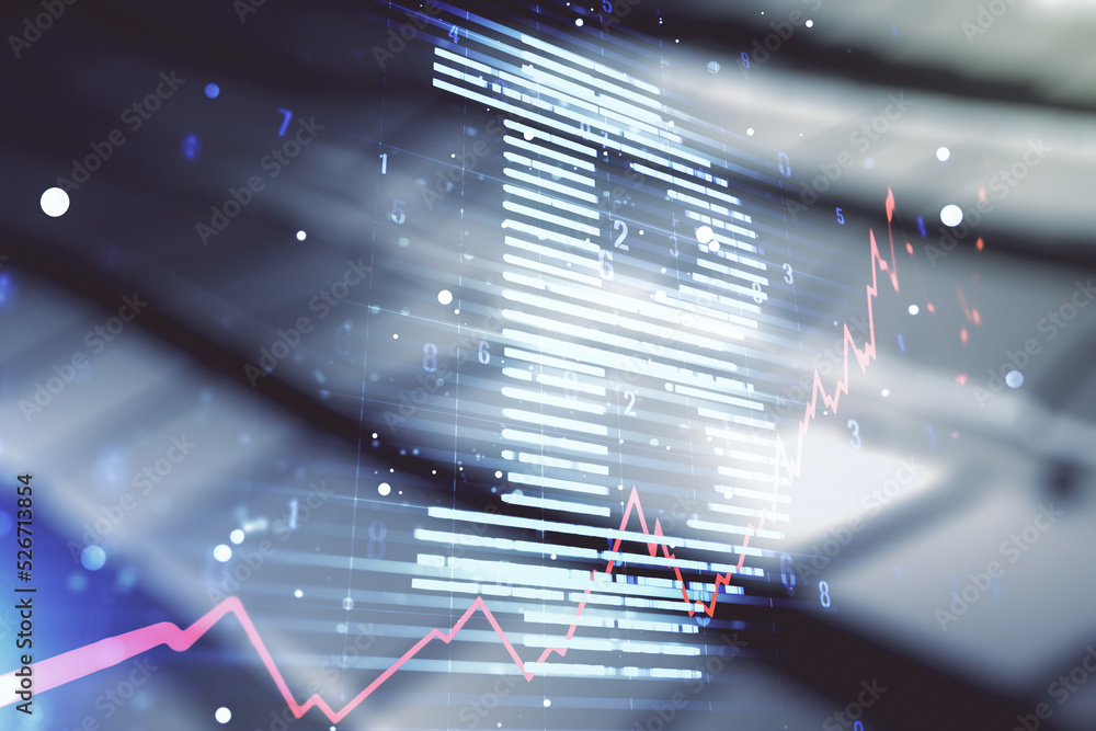 Poster double exposure of creative bitcoin symbol hologram on shiny metal background. mining and blockchain