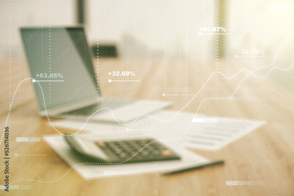 Poster double exposure of abstract creative statistics data hologram on calculator and pc background, analy