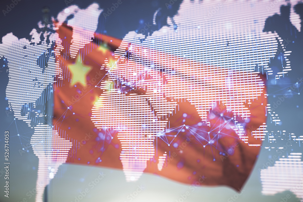 Aufkleber multi exposure of abstract creative digital world map hologram on chinese flag and blue sky backgrou