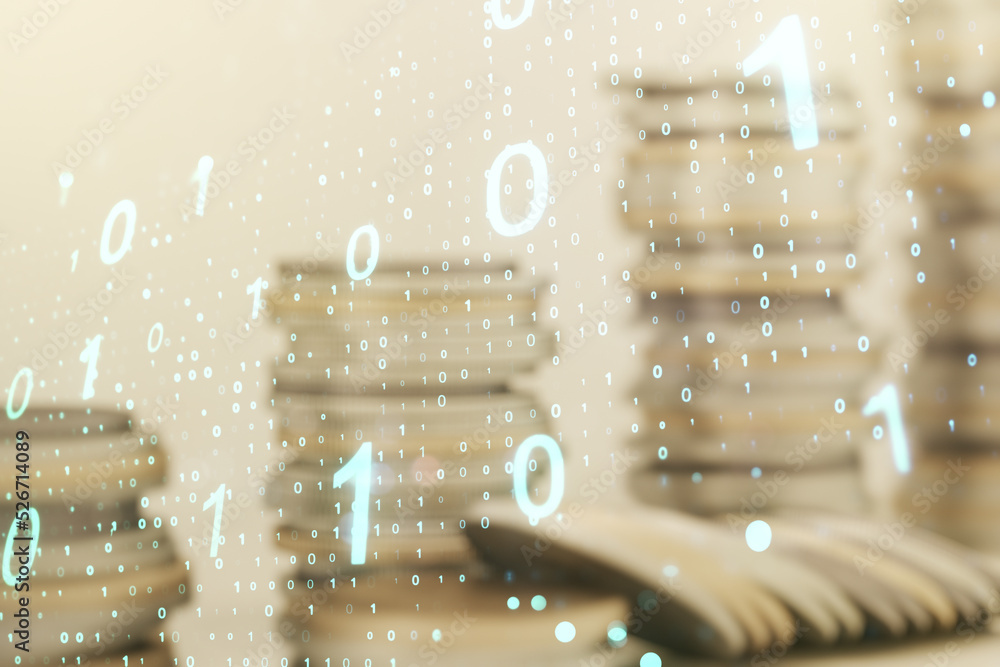 Leinwandbilder abstract virtual binary code sketch on growing coins stacks background, hacking and matrix concept. 