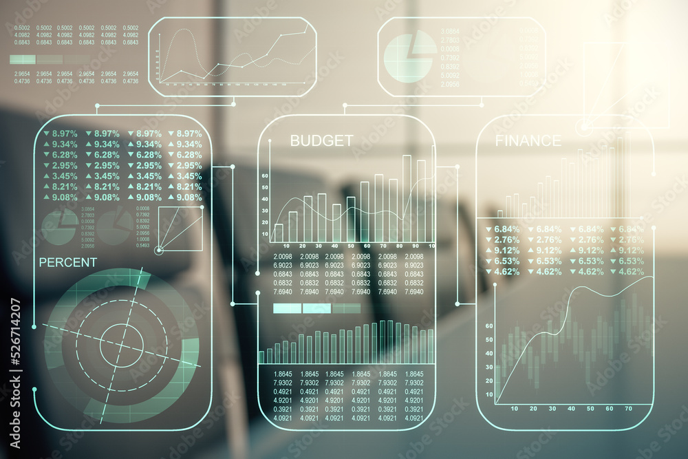 Aufkleber double exposure of abstract virtual statistics data hologram on a modern meeting room background, st
