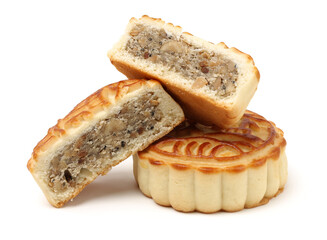 Mid-Autumn Festival moon cake on white background（Non-English texts translation :salt and pepper）