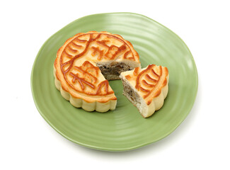 Mid-Autumn Festival moon cake on white background（Non-English texts translation :salt and...