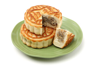 Mid-Autumn Festival moon cake on white background（Non-English texts translation :salt and pepper）