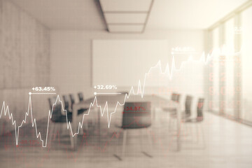 Obraz premium Multi exposure of virtual abstract financial diagram on a modern furnished office interior background, banking and accounting concept