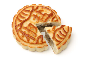 Mid-Autumn Festival moon cake on white background（Non-English texts translation :salt and pepper）