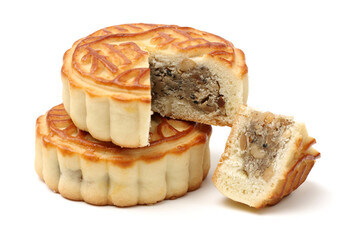 Mid-Autumn Festival moon cake on white background（Non-English texts translation :salt and pepper）