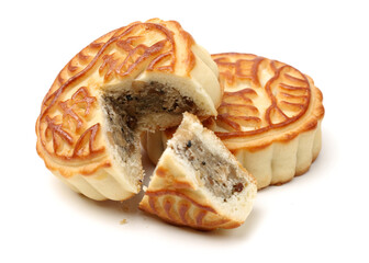 Mid-Autumn Festival moon cake on white background（Non-English texts translation :salt and pepper）