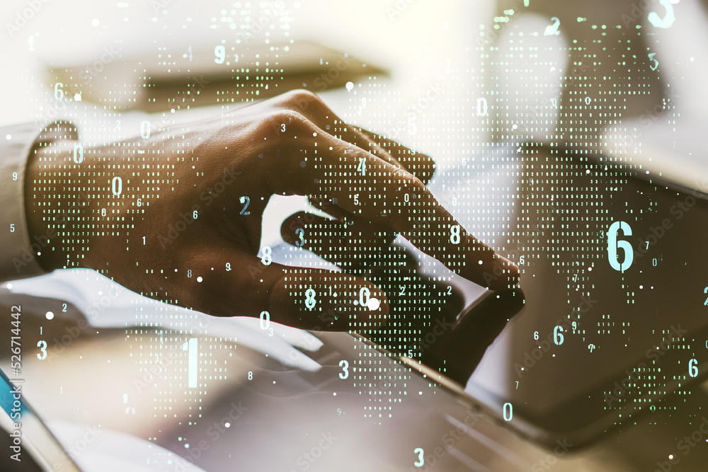 Poster Double exposure of abstract creative programming illustration with world map and finger clicks on a digital tablet on background, big data and blockchain concept