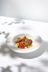 Salad with roast beef, vegetables and eggs on white table with harsh shadows. Steak salad in modern style with shadows of leaves. Flashy food. Meat salad with pastrami in summer menu.