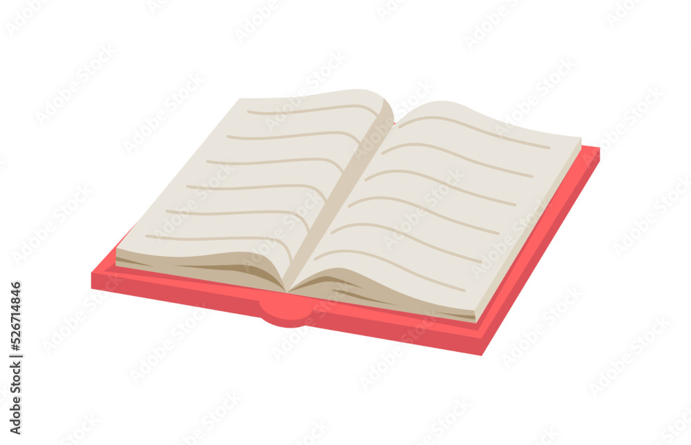 Poster Journal in hardcover, isolated open book or publication for reading or studying. Education and development, learning from textbooks. Vector in flat style