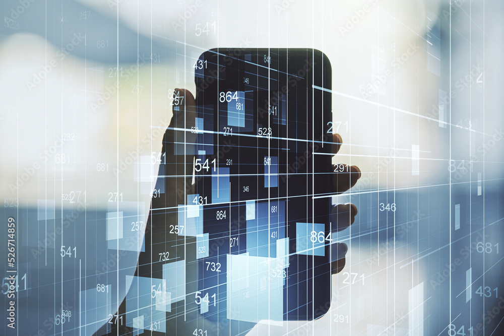 Poster double exposure of abstract creative statistics data hologram and hand with cell phone on background