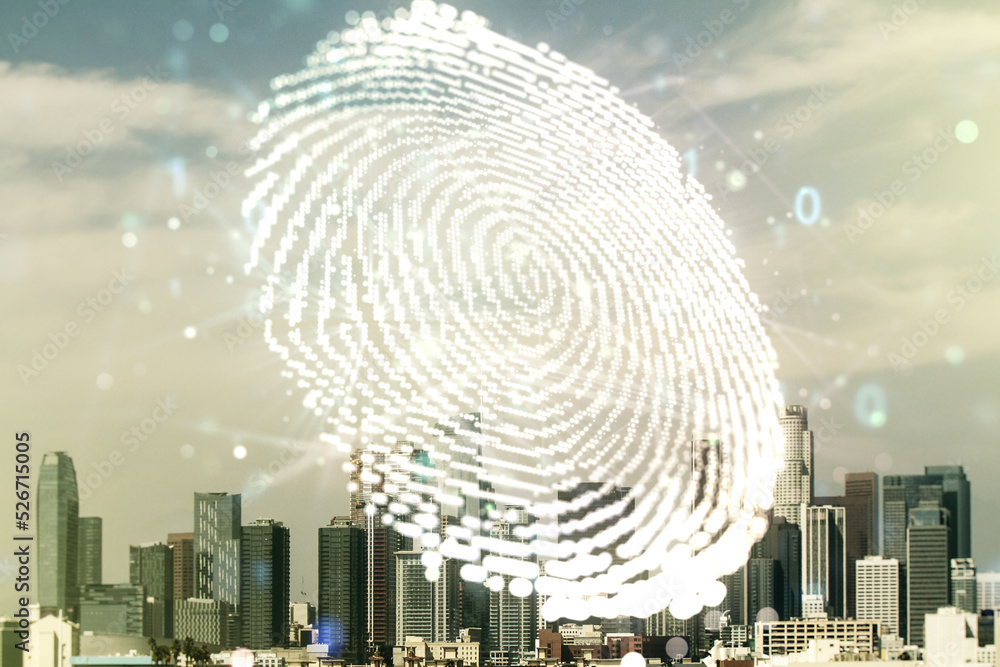 Aufkleber multi exposure of virtual graphic fingerprint sketch on los angeles cityscape background fingerprint
