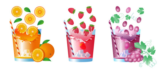 Vector illustration of glasses with freshly squeezed juice. Fruit mix. Variety of cocktails with their ingredients. Composition of fruit cocktails with straw. Healthy food concept.