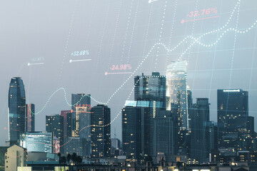 Multi exposure of creative statistics data hologram on Los Angeles skyscrapers background, stats...