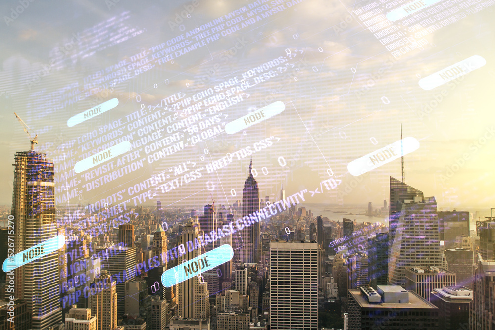 Aufkleber multi exposure of abstract software development hologram and world map on new york city skyscrapers 