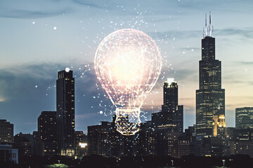 Virtual Idea concept with light bulb illustration on Chicago skyline background. Multiexposure