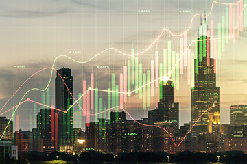 Abstract virtual financial graph hologram on Chicago cityscape background, financial and trading...