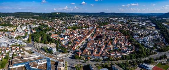 Aerial view around the old town of the city Neumarkt in der Oberpfalz on a sunny summer day