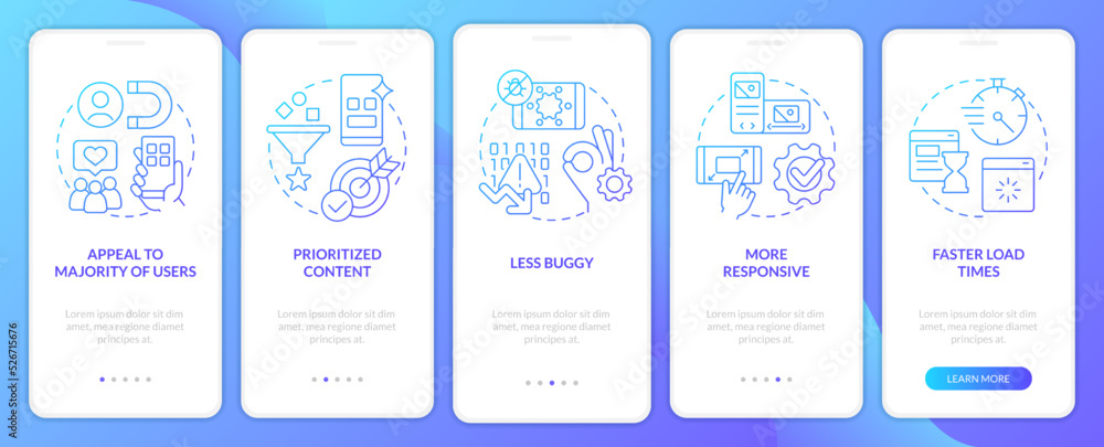 Poster advantages of mobile first design blue gradient onboarding mobile app screen. walkthrough 5 steps gr