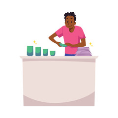 Smiling man wipes dishes to shine and sizing flat style, vector illustration