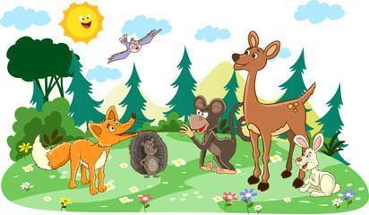 Obraz na płótnie Canvas Forest animals set in forest background. Wild animals with nature background vector illustration.