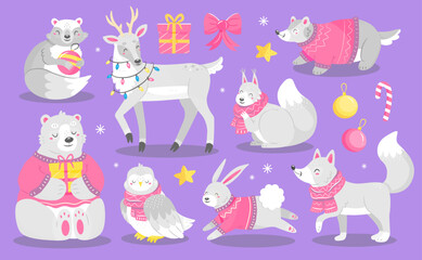 Forest Christmas white animals in sweaters and scarves in a cute cartoon style. Vector isolated animal illustration.